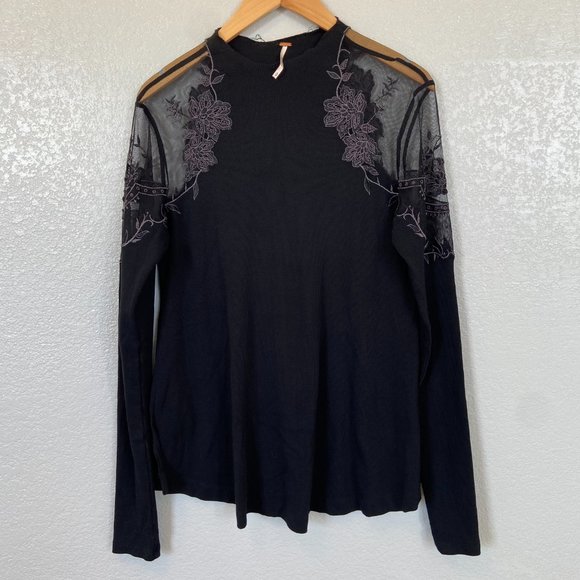 Free People Black Ribbed Daniella Pieced Peekaboo Mesh Shoulder Top Size Small - Picture 3 of 9
